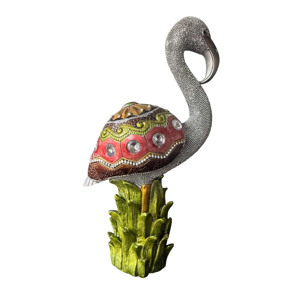 Turtle‎ King Flamingo Figurine D34101 Jeweled Silver Red Enamel Bird Decor 10"